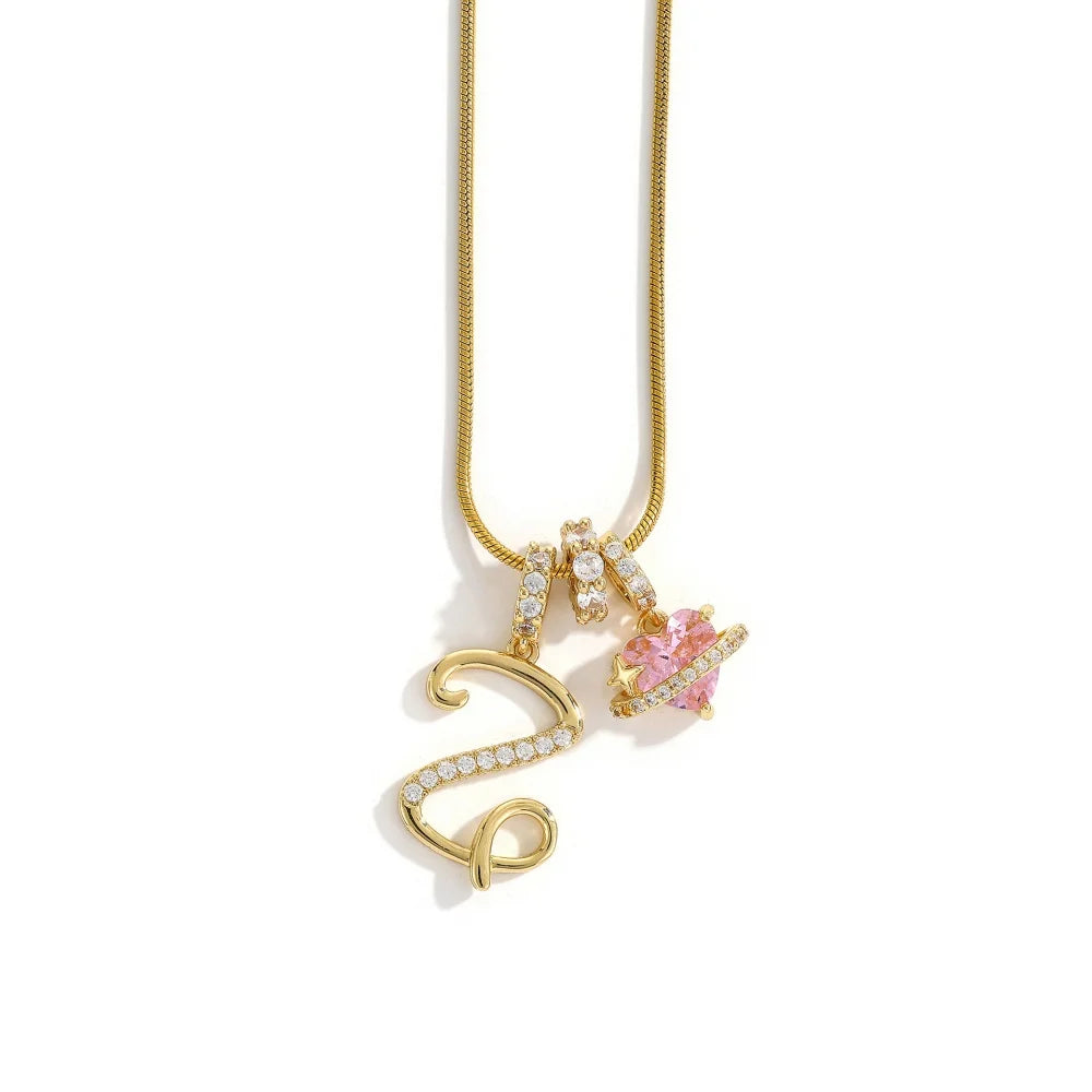 A gold chain necklace featuring an alphabet flower pendant.