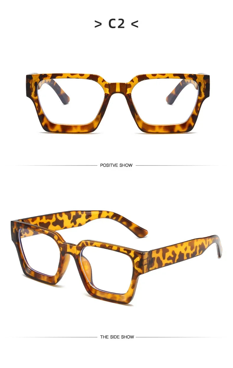 A pair of tortoiseshell square computer glasses shown in a positive and side view.