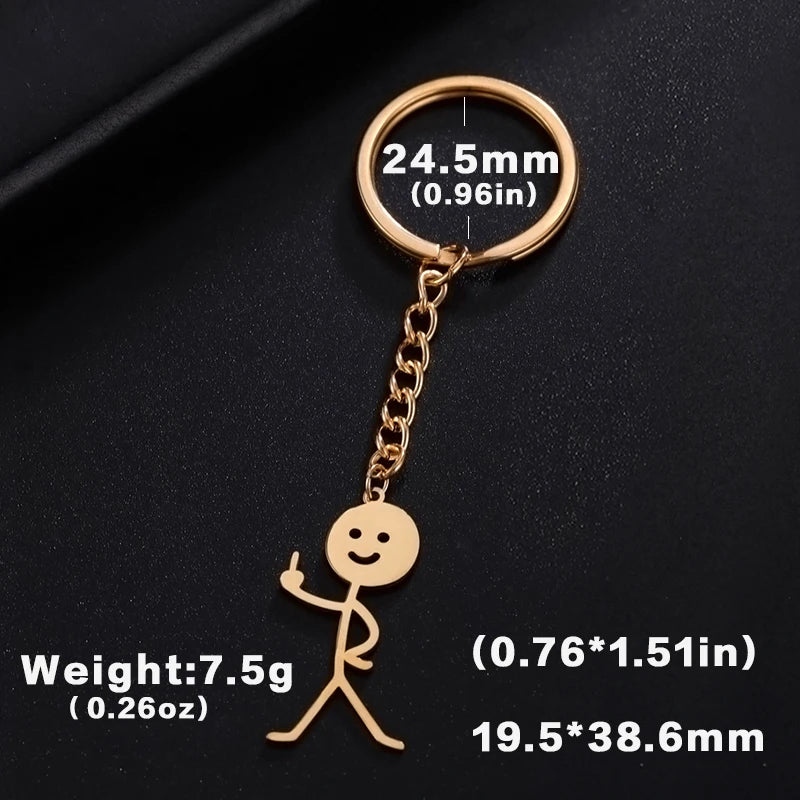 Gold-colored stickman keychain with a middle finger gesture and size specifications