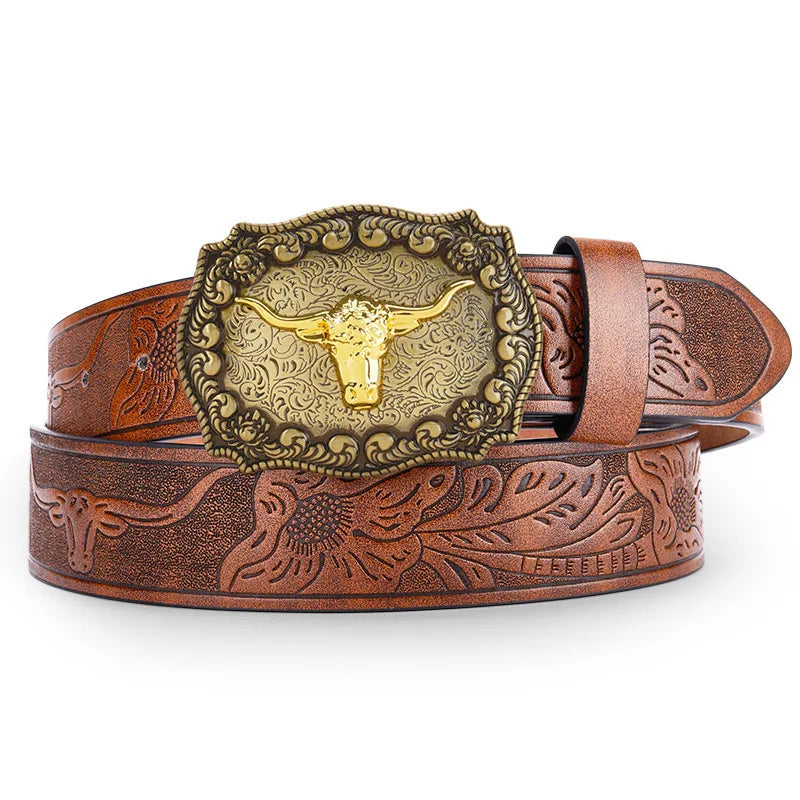 A vintage western PU leather belt featuring an ornate gold-toned bull buckle and detailed embossed leather.