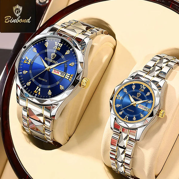 A pair of BINDOND stainless steel couple watches with blue dials and silver bracelets displayed on a light background.