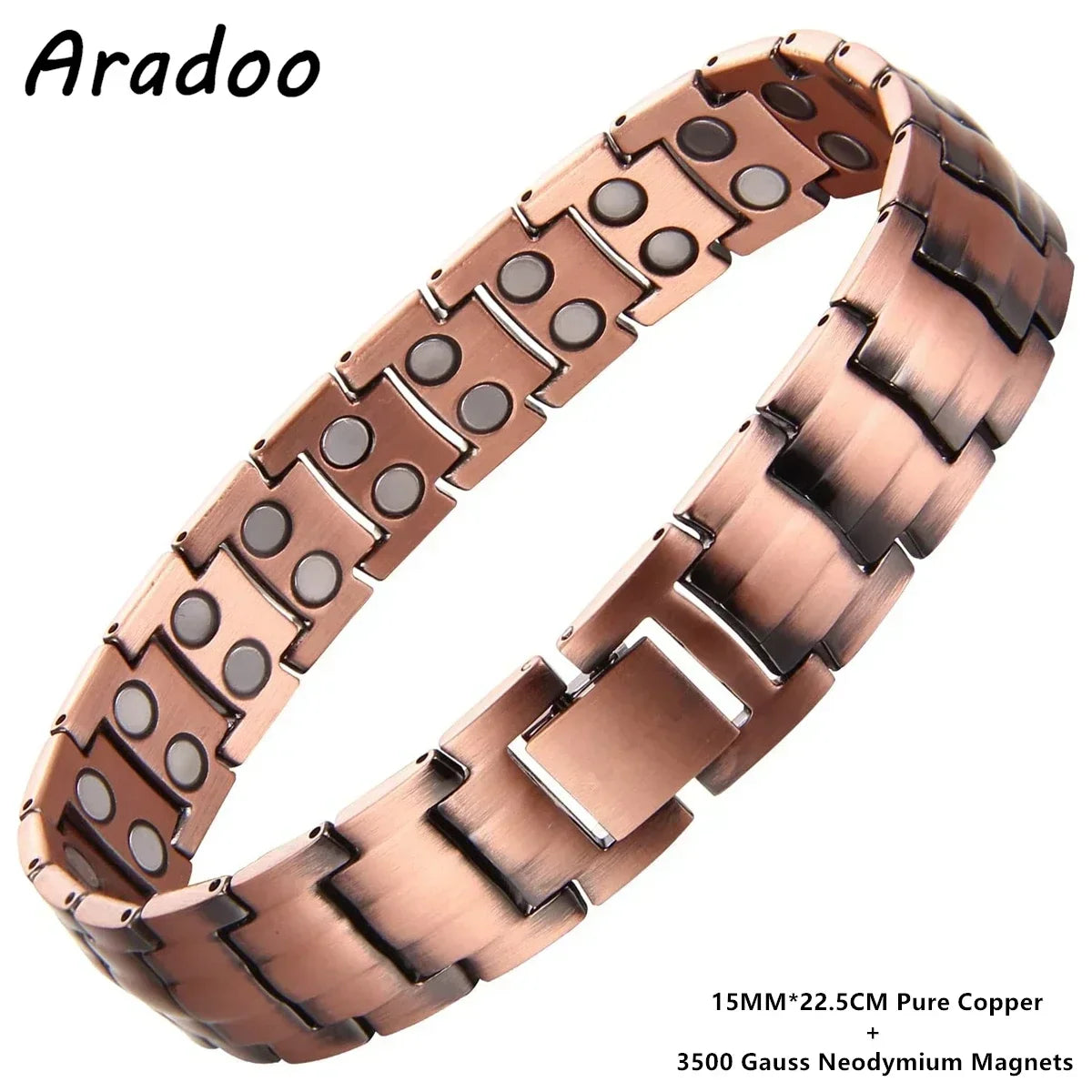 A copper magnetic bracelet with a textured finish and a stainless steel clasp.