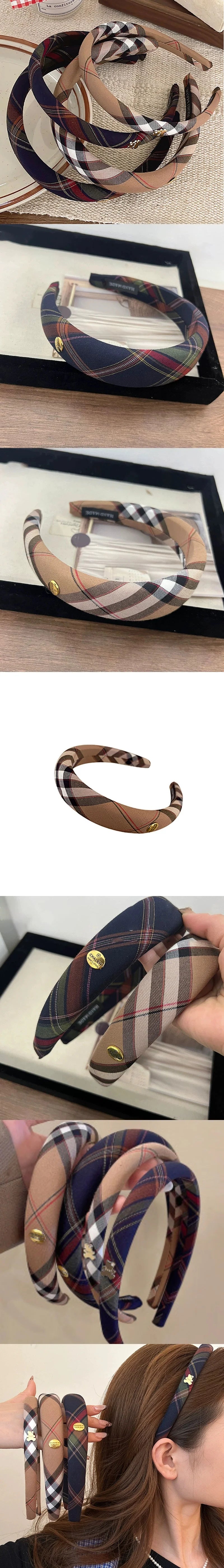 A collection of British plaid sponge headbands in various colors and patterns.