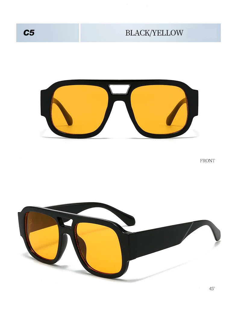 Vue de face de lunettes de soleil carrées vintage noir et jaune à double pont.