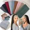 A variety of knitted sports headbands in various colors are displayed alongside a woman wearing a gray headband.