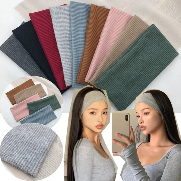 A variety of knitted sports headbands in various colors are displayed alongside a woman wearing a gray headband.