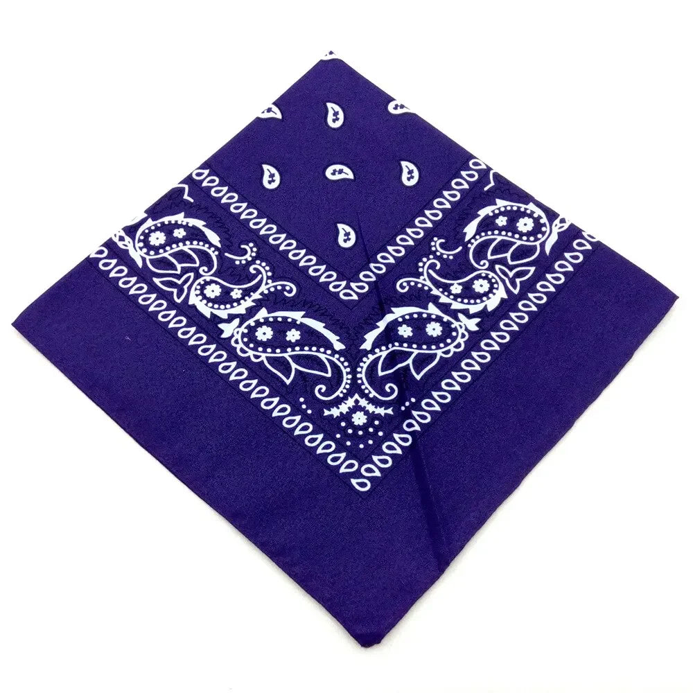 Purple bandana featuring white paisley and floral patterns for a headband or wrist wrap set