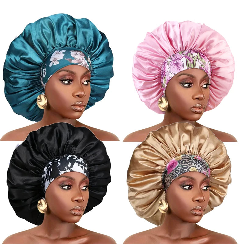 Four satin sleep bonnets in teal, pink, black, and gold accents shown on models.