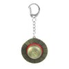 Silver metal keychain featuring a round straw hat design with gold and red accents