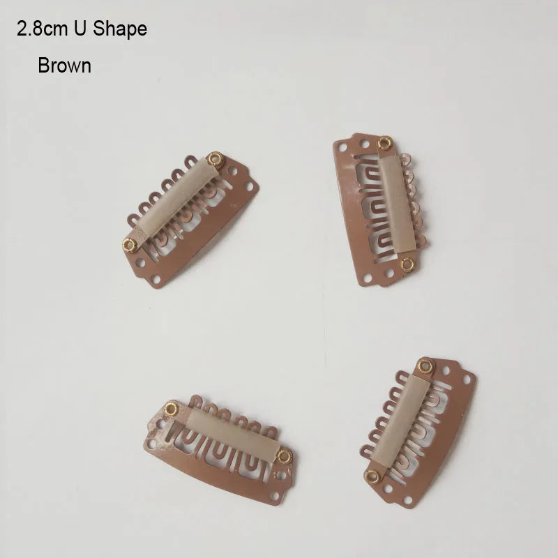 A set of brown 2.8cm U-shaped precision hair extension clips.