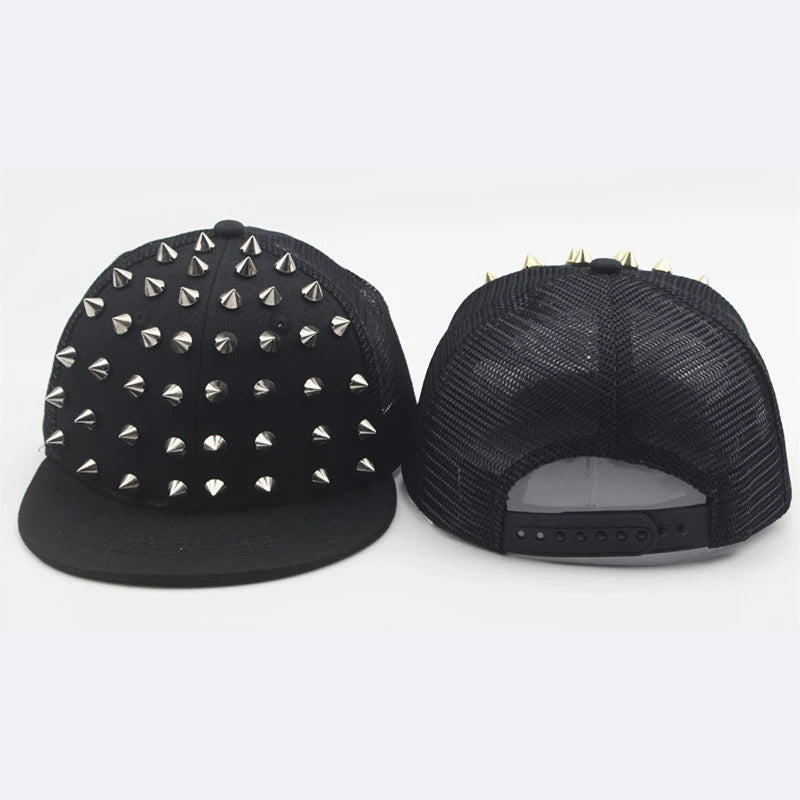 Black flat hat baseball cap adorned with silver rivets and a mesh back