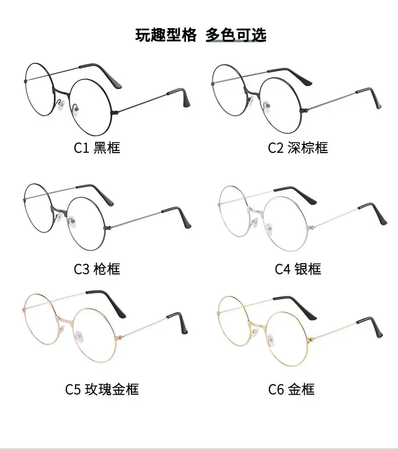 Seis estilos de gafas redondas de metal, incluyendo monturas negras, gris oscuro, plateadas y doradas.