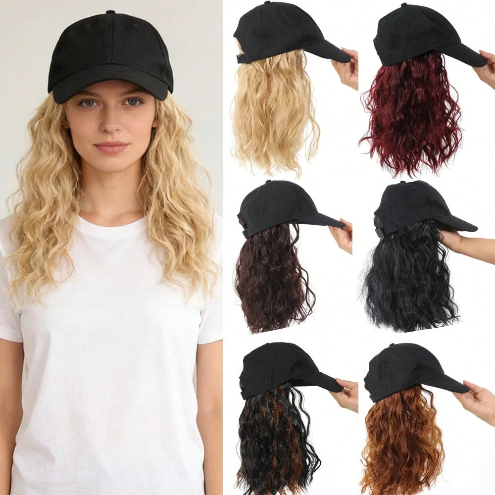 A woman models a black adjustable short wave wig in various shades of brown and black curls.