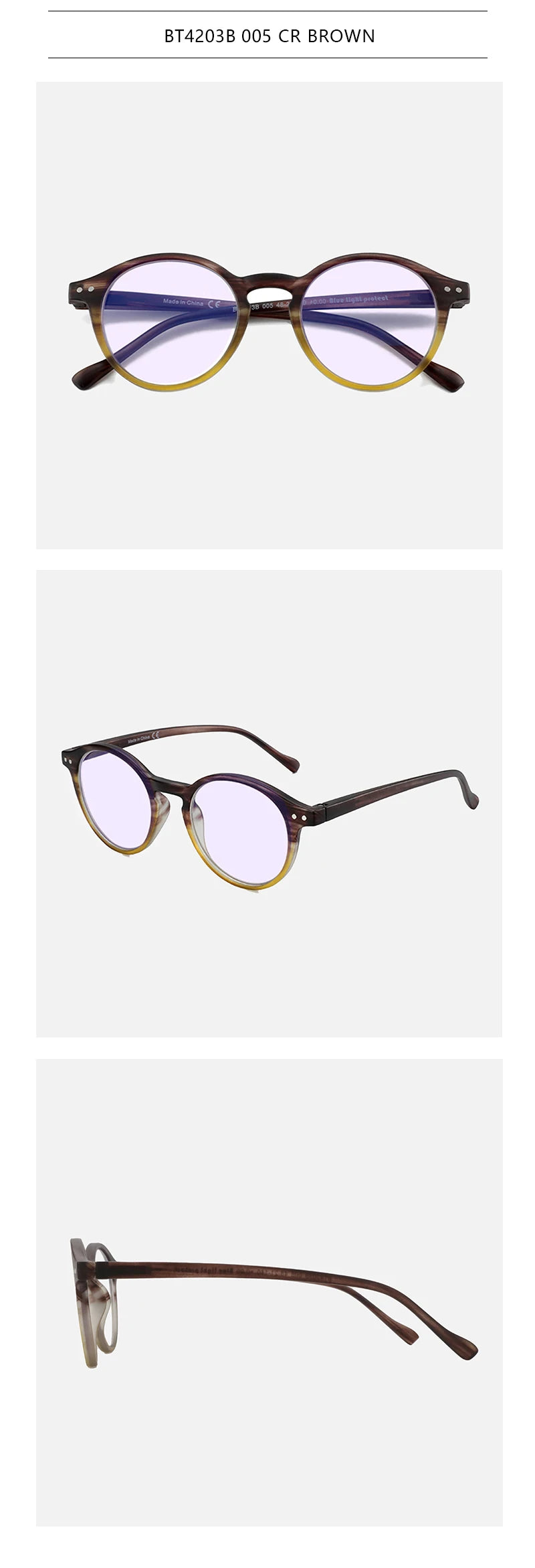 Brown-framed anti-blue light reading glasses shown from the front.