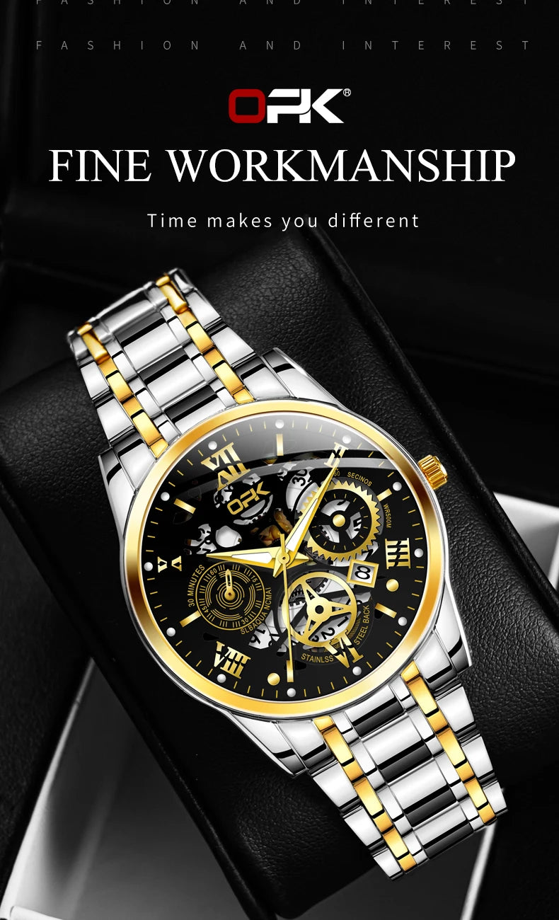 Nahaufnahme einer Herren-Edelstahluhr mit goldenen Akzenten und schwarzem Zifferblatt, auf einem schwarzen Lederarmband.