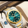 A stainless steel watch with a gold-toned bezel and blue dial is displayed in a box.