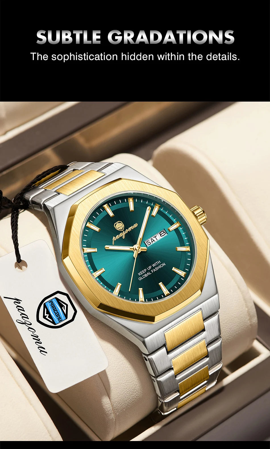 A stainless steel watch with a gold-toned bezel and blue dial is displayed in a box.