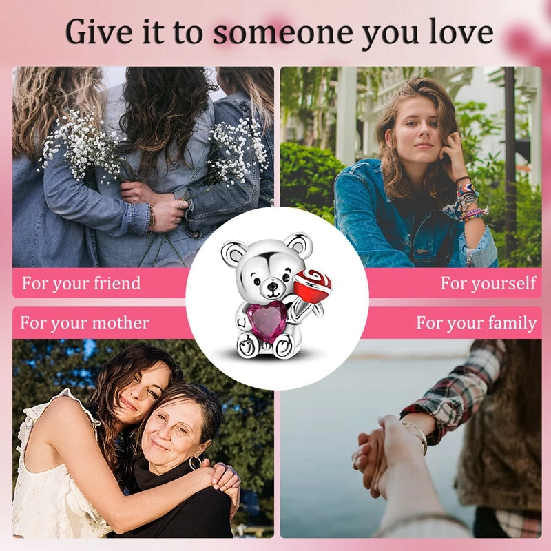 A collection of images showing a sterling silver devil's eye charm bracelet being given to friends, mothers, oneself, and fam