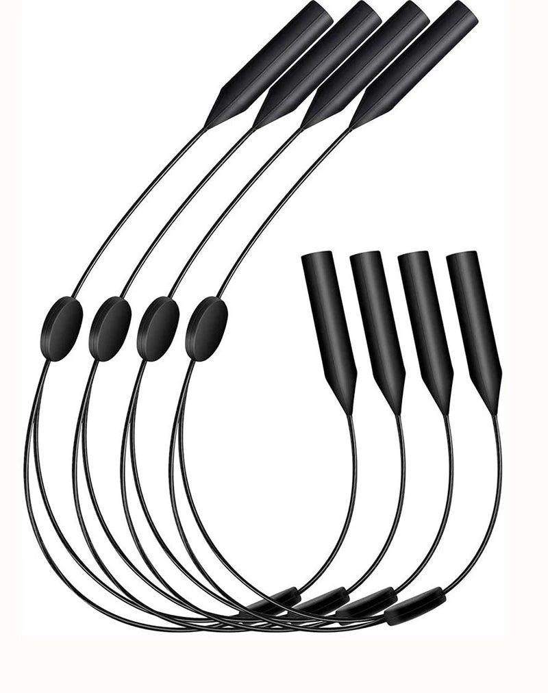 A set of adjustable black silicone eyewear straps for glasses and sunglasses.