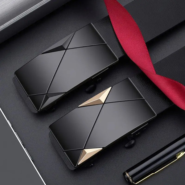 A black men's automatic buckle casual belt is shown with a red ribbon and a gold-toned buckle on a dark surface.