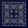 White intricate floral pattern embroidery on a dark blue fabric square