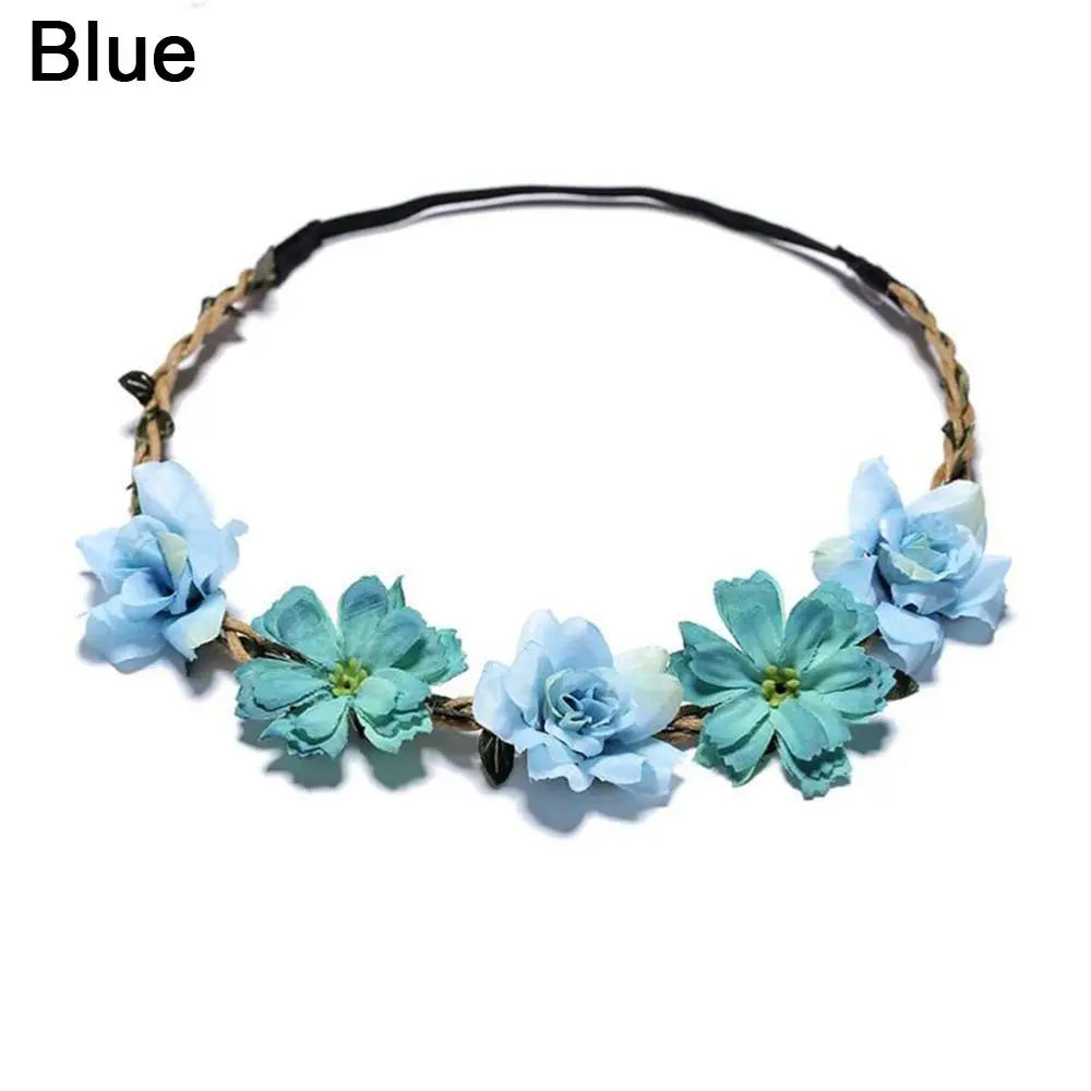 Blue bohemian flower headband made of woven natural material