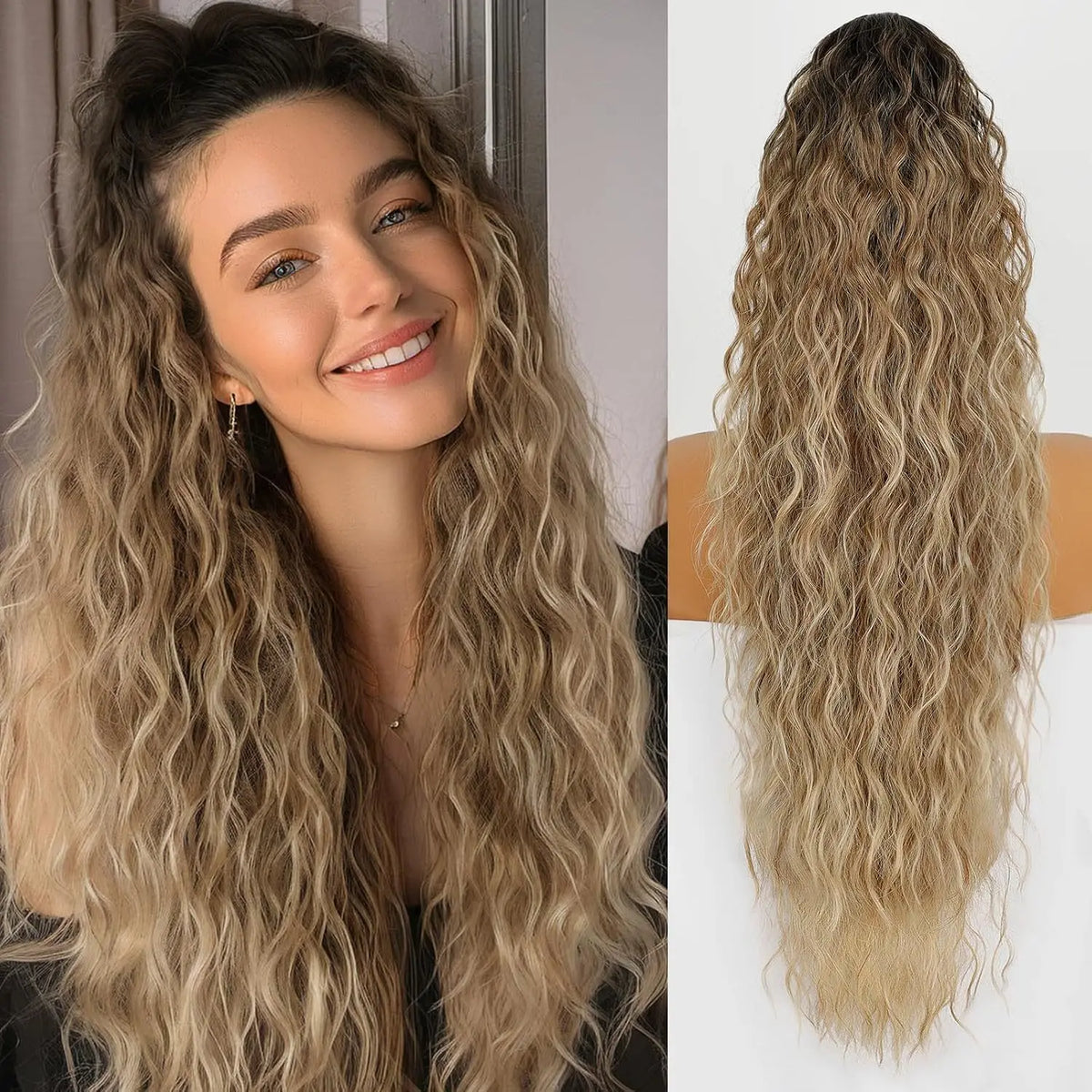 Une femme aux longs cheveux blonds ondulés souriant tout en présentant des extensions de cheveux clip pour des ondulations vo
