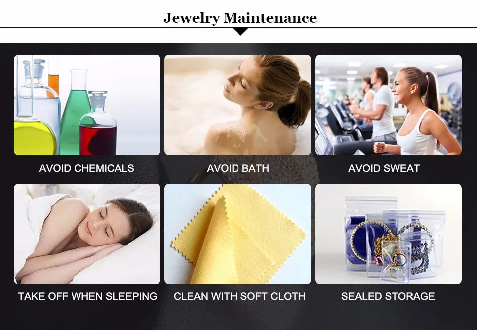 Guide d'entretien de bijoux : conseils pour éviter produits chimiques, bain, sueur et stockage approprié.