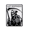A black and white enamel pin featuring a skull character with a hood and a sword.