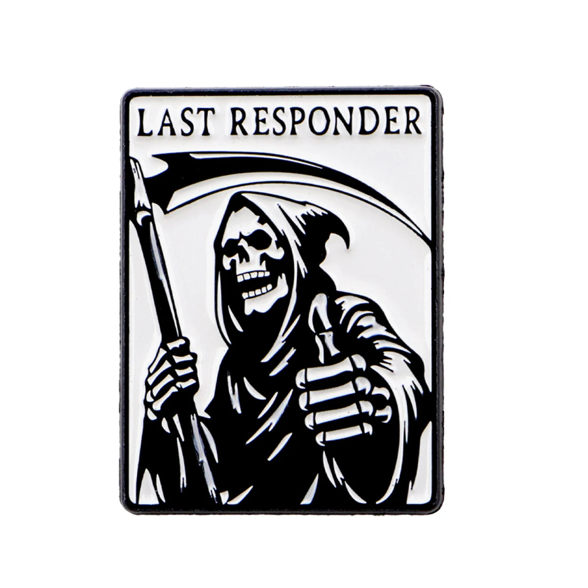 A black and white enamel pin featuring a skull character with a hood and a sword.
