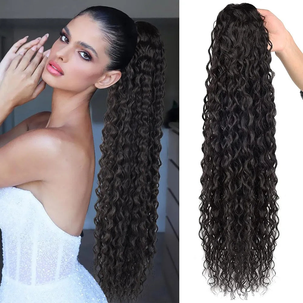 Long black water wave curly hair extension in a ponytail being held by a hand