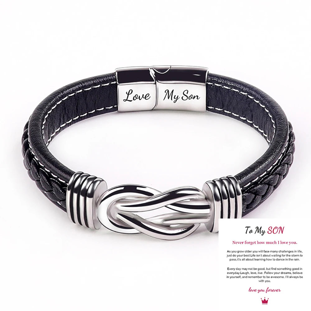 A black leather knot bracelet engraved with the words Love My Son and To My Son