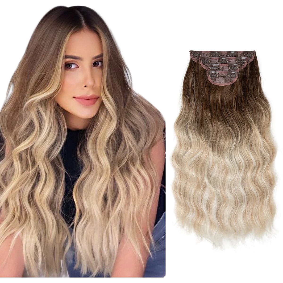 Una mujer muestra su largo cabello rubio ondulado y una extensión de clip.