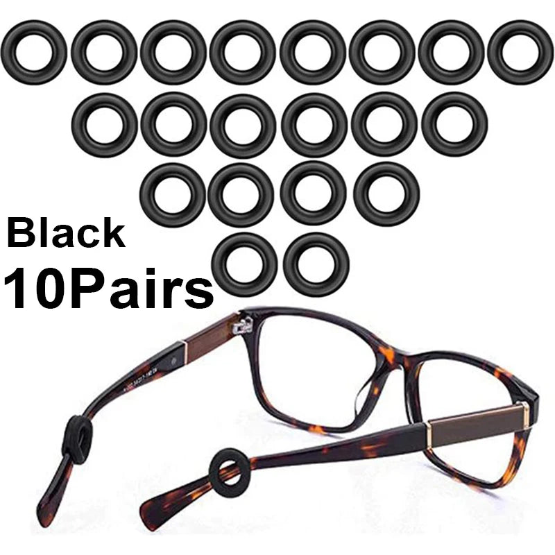 Black anti-slip silicone eyeglass ear hooks in a set of ten pairs