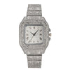 A silver diamond crystal quartz wristwatch for men with a metal bracelet and a clear face.