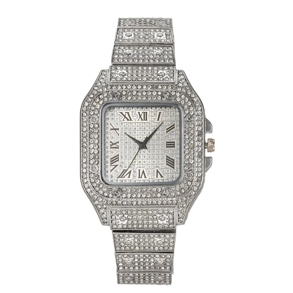 A silver diamond crystal quartz wristwatch for men with a metal bracelet and a clear face.