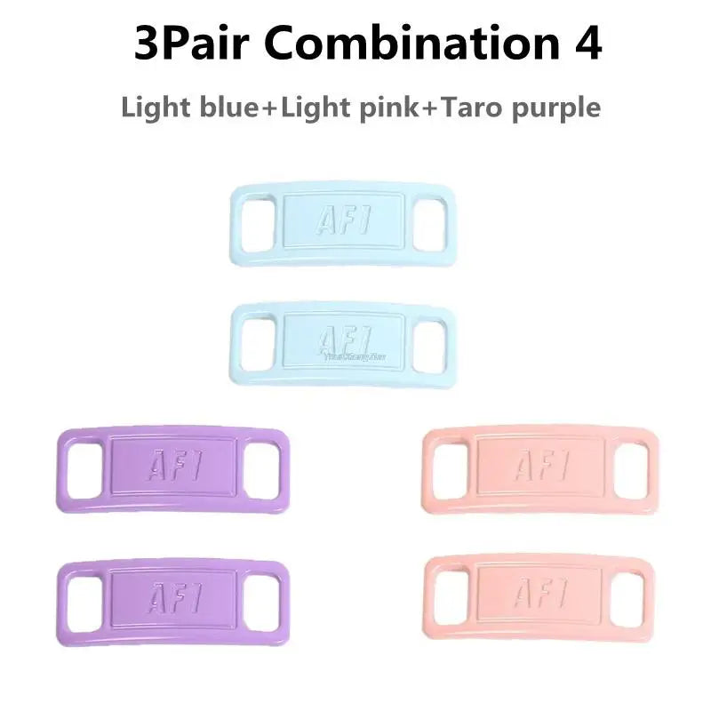 Three pairs of light blue, light pink, and tarot purple diamond shoe charms for laces
