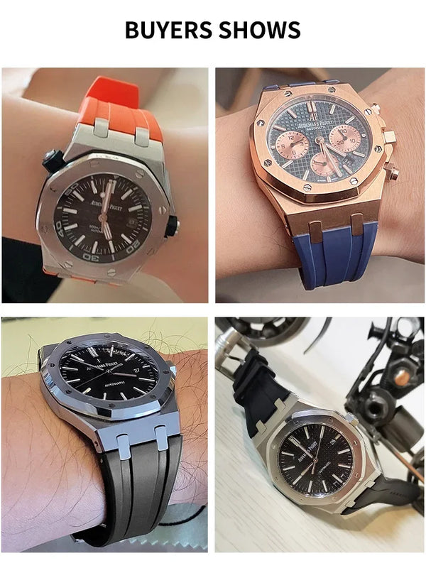 Four images showcasing different styles of men's watches with various silicone and metal bands.