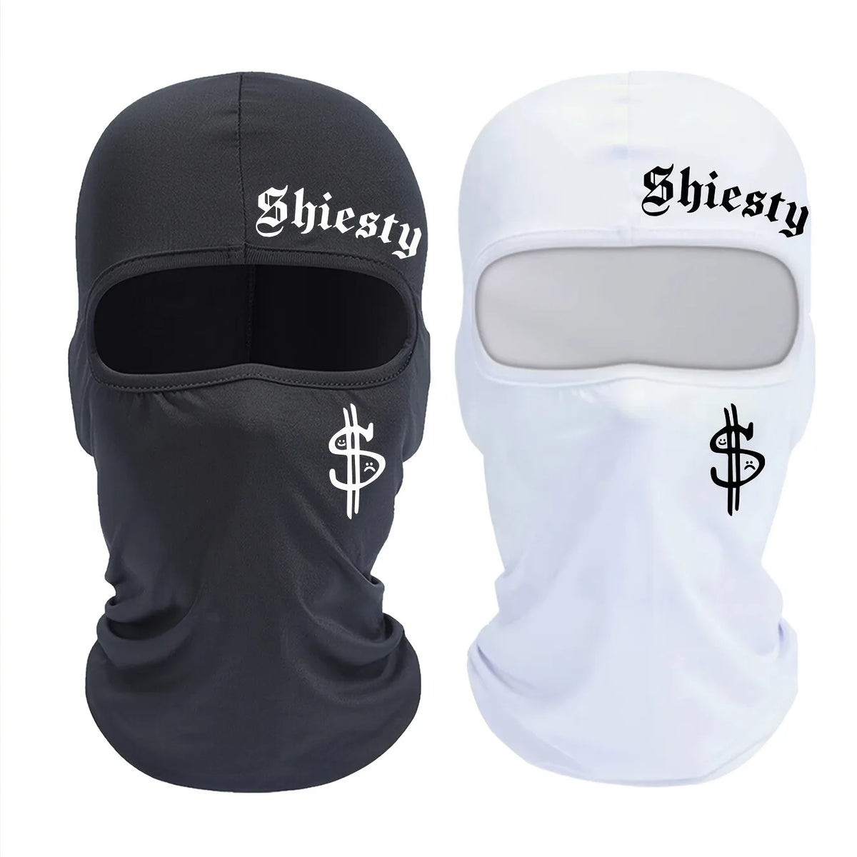 A pair of black and white ski masks featuring the brand name Shiesty