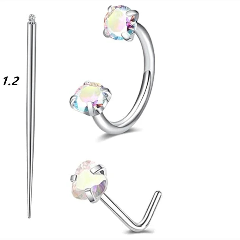 A set of silver horseshoe nose rings, including a straight stud and a curved hoop design.