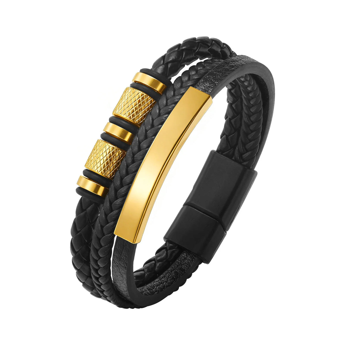 Schwarzes geflochtenes Lederarmband mit goldenen Akzenten und einer schwarzen Schnalle.