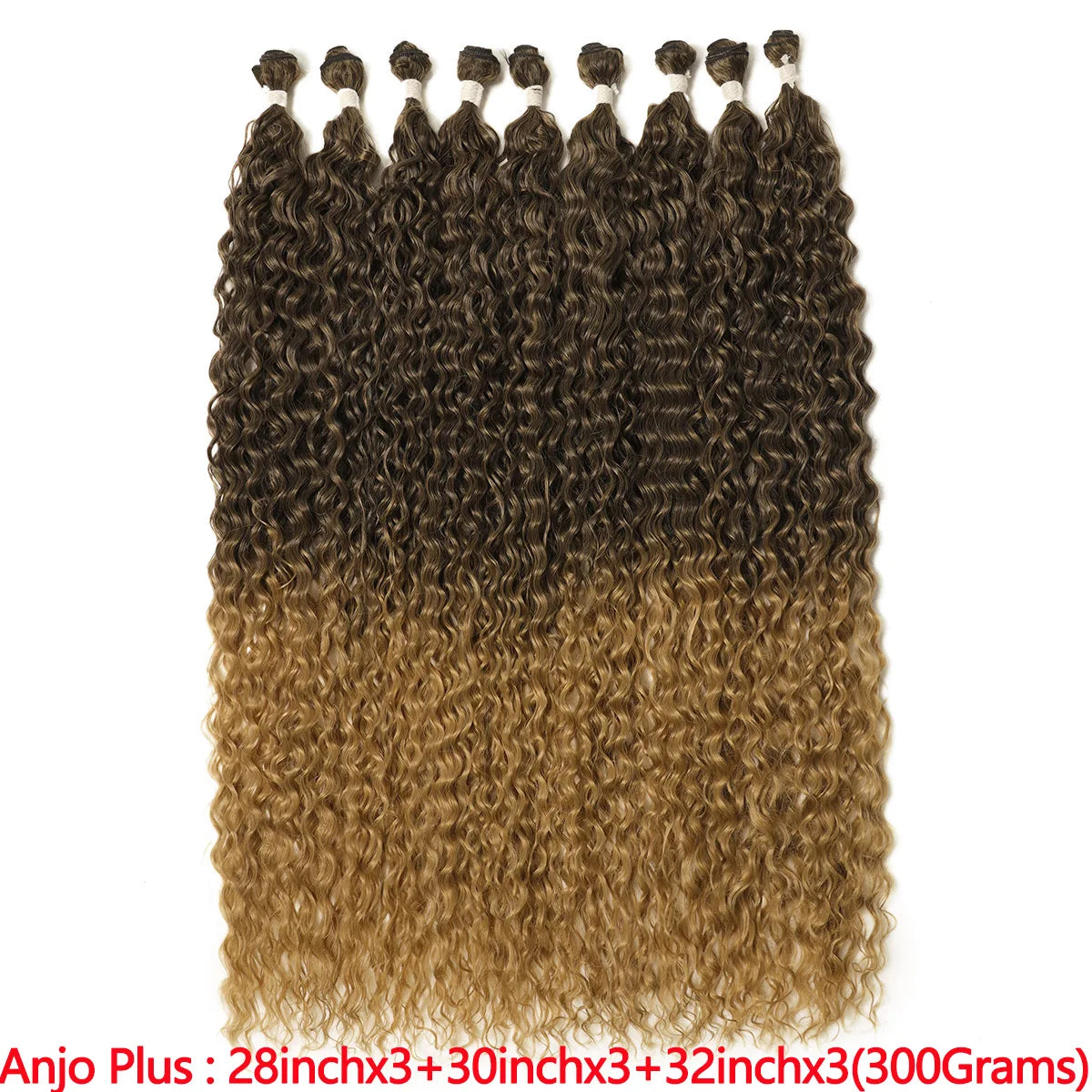 A bundle of long curly hair extensions featuring a dark brown to light blonde ombre color transition.