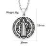 Silver pendant necklace featuring a vintage stainless steel design with Latin text and a saint figure.