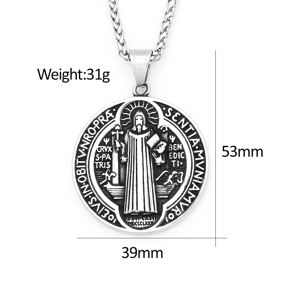 Silver pendant necklace featuring a vintage stainless steel design with Latin text and a saint figure.