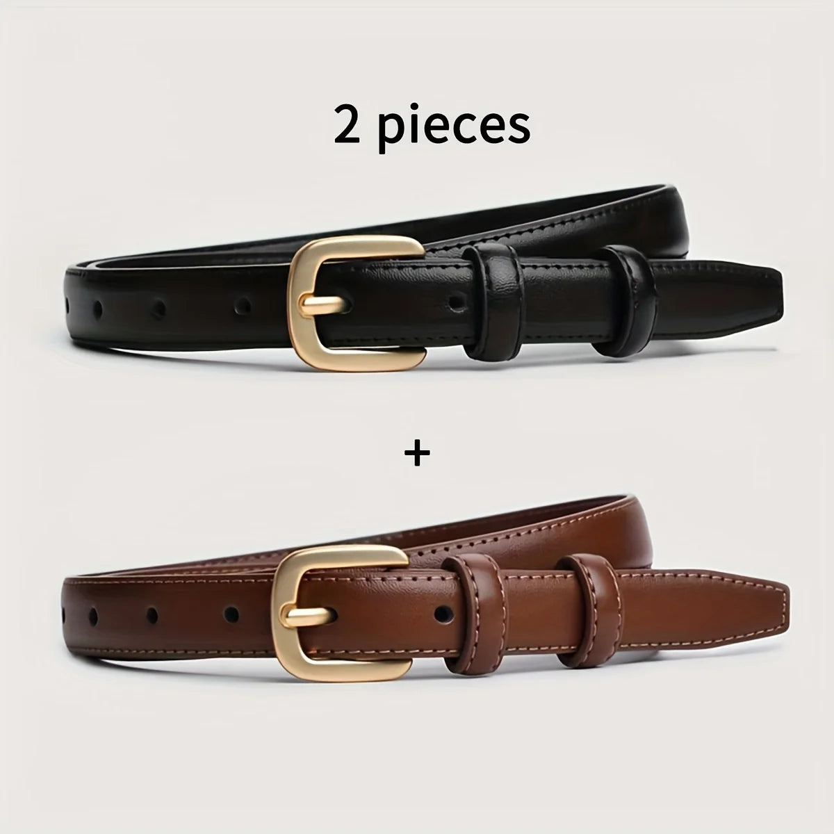 Two pieces of double loop PU fashion belts, one black and one brown, shown side by side.