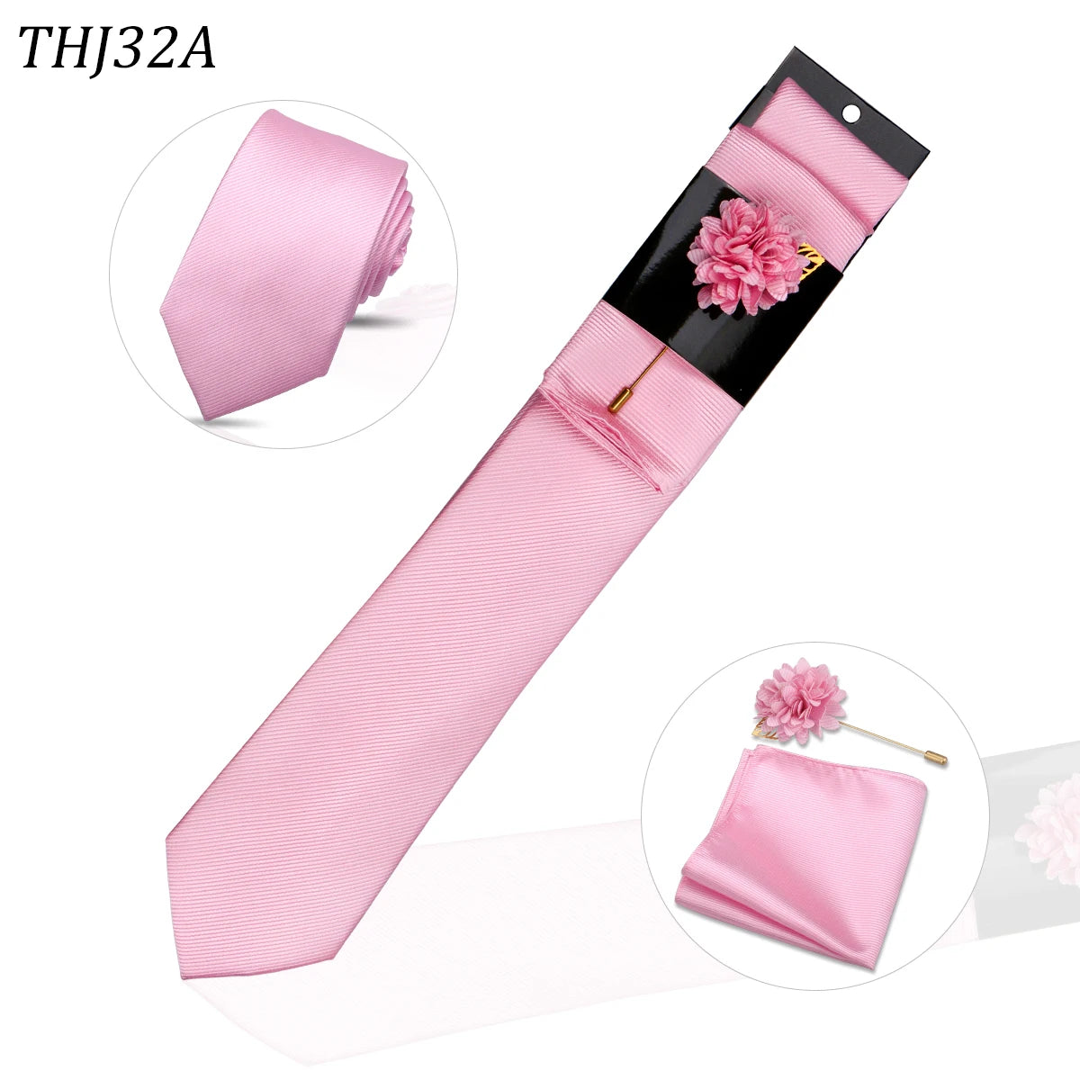 Set de corbata de seda rosa con corbata, pañuelo de bolsillo a juego y broche floral rosa.