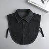 A dark gray button-up blouse with a false collar and detachable neckline shown flat lay.
