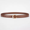 A brown leather belt with a gold-toned C-shaped buckle lying flat on a white background.