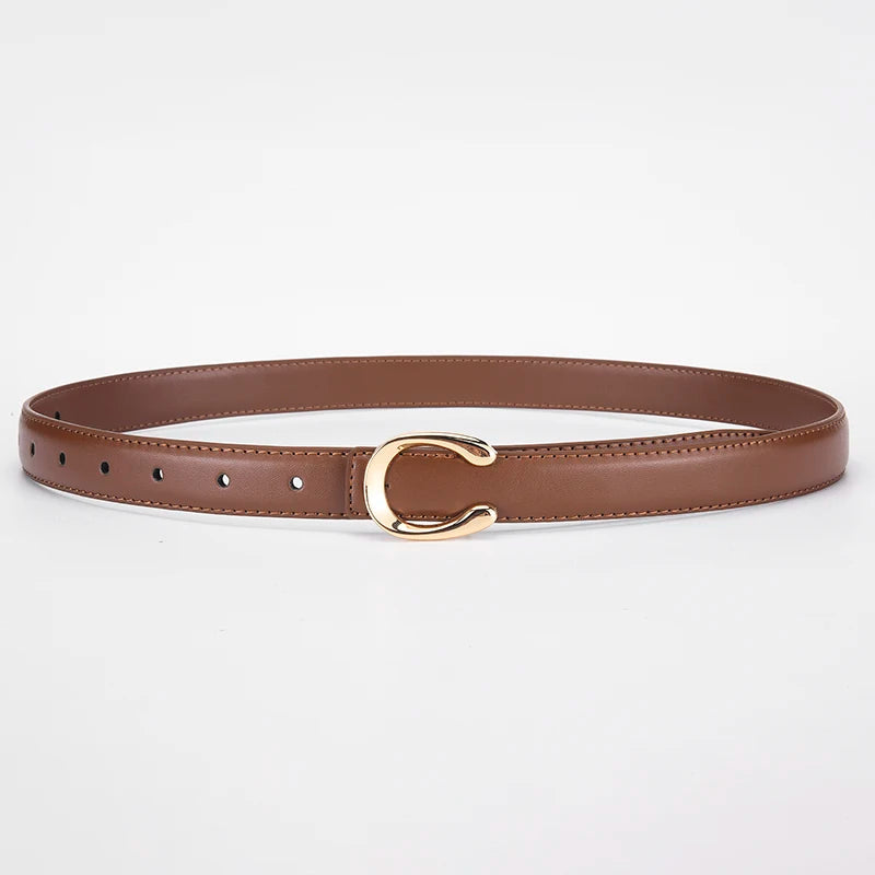 A brown leather belt with a gold-toned C-shaped buckle lying flat on a white background.
