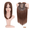 A model displays a straight brown hair topper with bangs, shown next to the full hair piece.